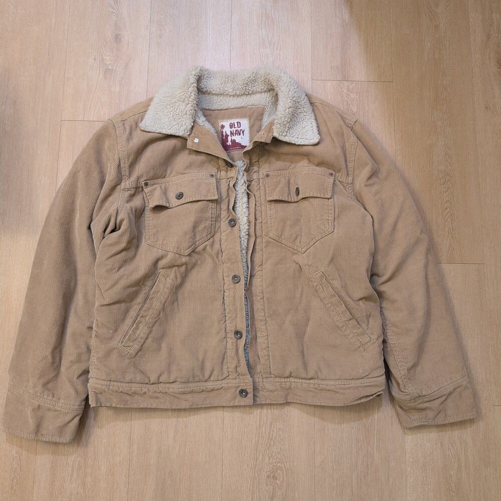 VTG Old Navy Men's Large Corduroy Sherpa Lined Trucker Jacket‎ Beige Western Y2K